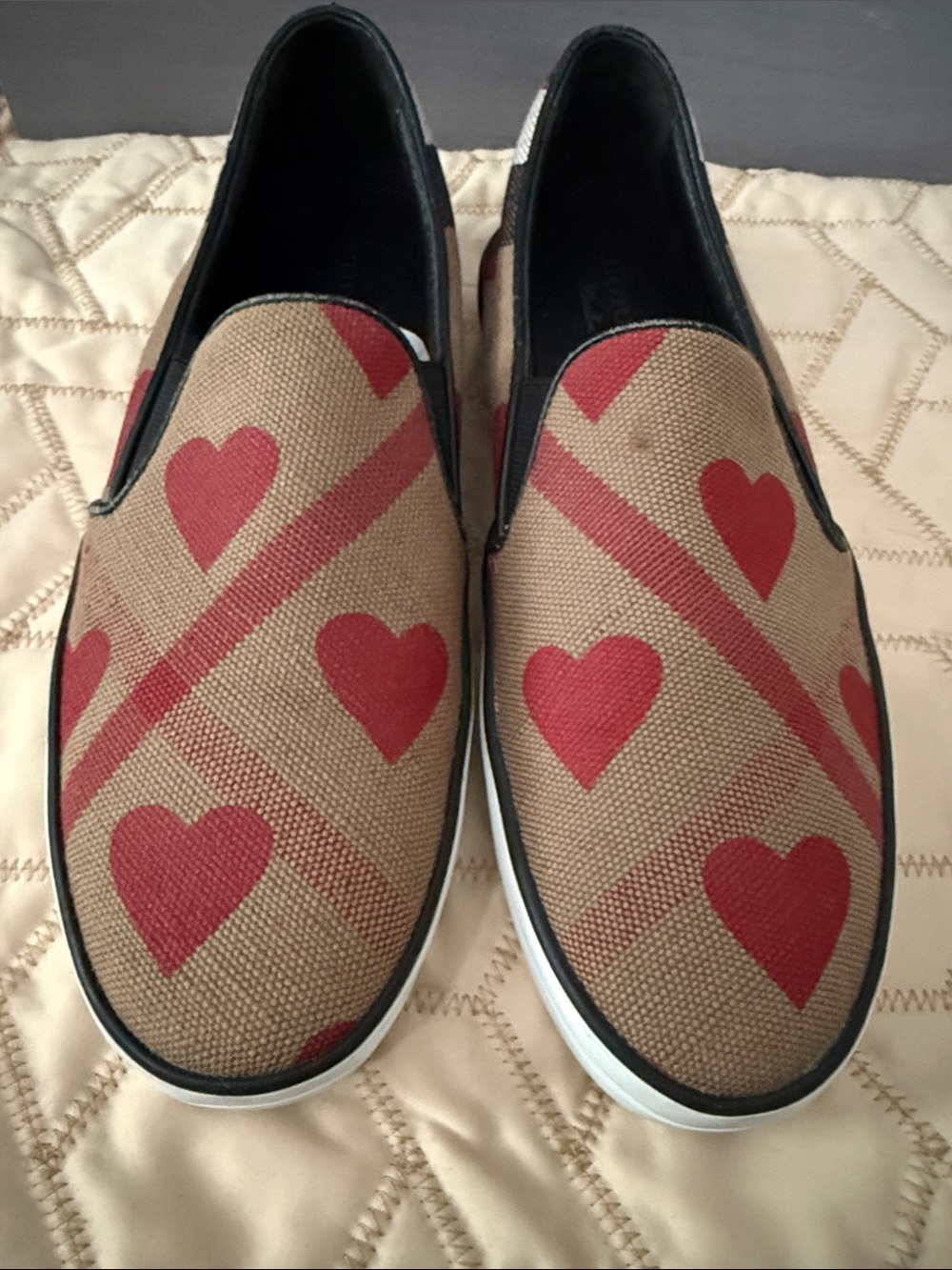 Burberry Tan Canvas Slip-On Loafers with Red Heart Motif